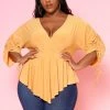 Plus Size Surplice Shirred Sleeve Peplum Blouse