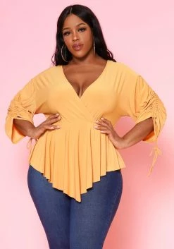 Plus Size Surplice Shirred Sleeve Peplum Blouse