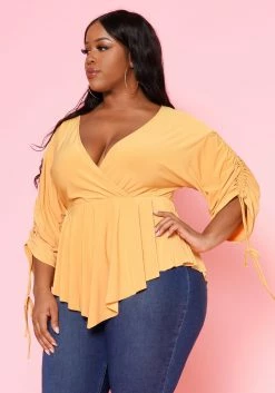 Plus Size Surplice Shirred Sleeve Peplum Blouse -Asoph Sales Shop 2021079 003 2