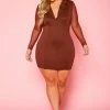 Plus Size Collared Bodycon Dress With Mesh Sleeves