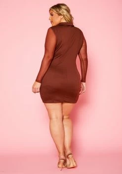 Plus Size Collared Bodycon Dress With Mesh Sleeves -Asoph Sales Shop 2021085 002 5