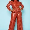 Plus Size Faux Leather Peplum Top & Pants Set