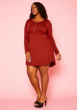 Plus Size Button Hem Long Sleeve Flare Mini Dress -Asoph Sales Shop 2021104 003 2