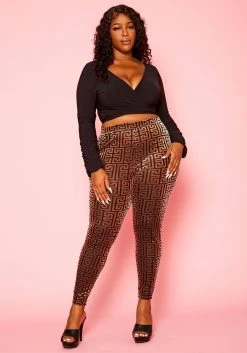 Plus Size Crop Top & Greek Key Print Pants Set
