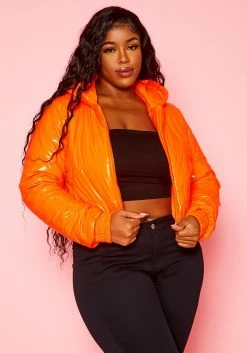 Plus Size PU Faux Leather Puffer Coat