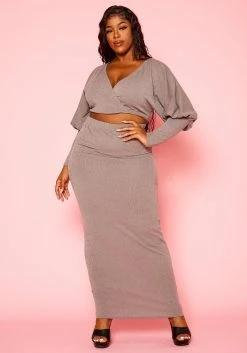 Plus Size Ribbed Knit Crop Top & Skirt Set