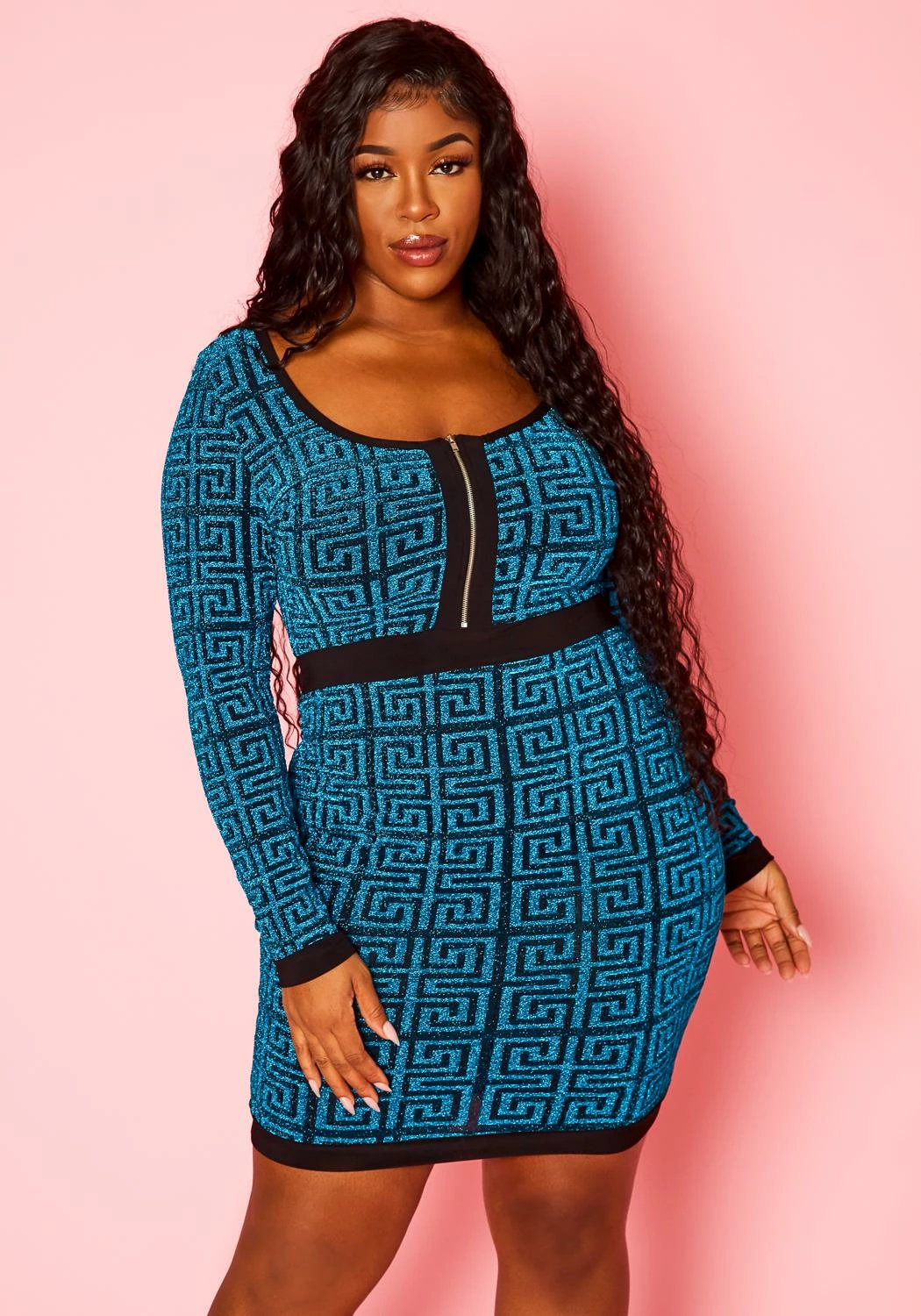 Plus Size Shimmer Greek Key Print Bodycon Dress 1 Plus Size Shimmer Greek Key Print Bodycon Dress