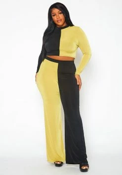 Plus Size Color Block Long Sleeve Top & Pants Set