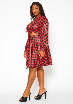 Plus Size Checkered Print Wrap Top & Pleated Skirt Set -Asoph Sales Shop 2021145 001 2