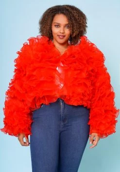 Plus Size Organza Tiered Ruffle Long Sleeve Jacket