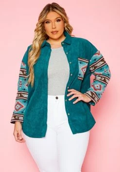 Plus Size Aztec Print Ribbed Jacket