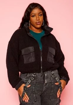 Plus Size Faux Fur High Neck Jacket