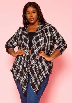Plus Size Plaid Pattern Waterfall Drape Cardigan
