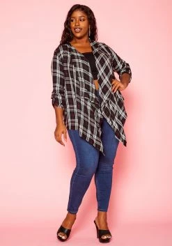 Plus Size Plaid Pattern Waterfall Drape Cardigan -Asoph Sales Shop 2021192 001 1
