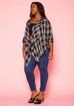 Plus Size Plaid Pattern Waterfall Drape Cardigan -Asoph Sales Shop 2021192 001 2