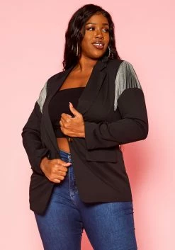 Plus Size Tassel Shoulder Hem Notch Collar Blazer