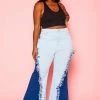 Plus Size Fringe Hem Color Block Flared Jeans