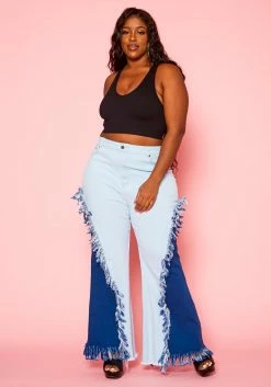 Plus Size Fringe Hem Color Block Flared Jeans -Asoph Sales Shop 2021265 001 2