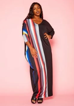 Plus Size Gradient Pattern Splice Flare Maxi Dress