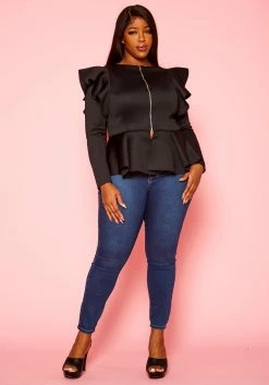 Plus Size Ruffle Shoulder Hem Peplum Jacket