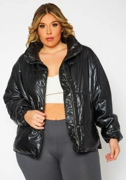 Plus Size Faux Leather Puffer Jacket