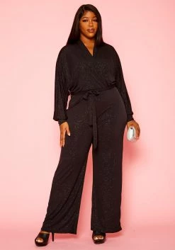 Plus Size Shimmer Long Sleeve Flare Jumpsuit