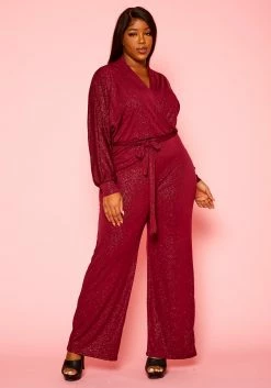Plus Size Shimmer Long Sleeve Flare Jumpsuit