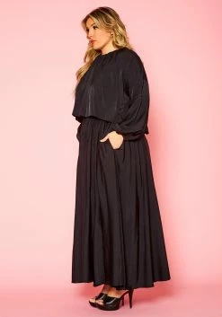 Plus Size Solid Long Sleeve Flare Maxi Skirt Set -Asoph Sales Shop 2021333 001 3