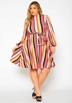 Colorful Mock Neck Fit & Flare Dress