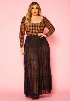 Plus Size Houndstooth Plaid Bodysuit & Tulle Skirt Set