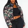 Plus Size Camo Print High Neck Puffer Jacket