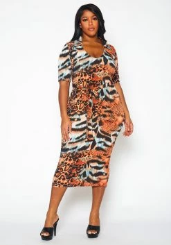 Plus Size Animal Pattern Slinky Midi Dress -Asoph Sales Shop 2021387 001 2