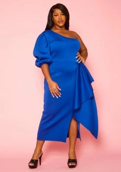 Plus Size One Sleeve Drape Front Gown