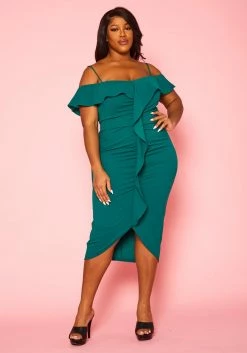 Plus Size Off Shoulder Drape Front Cocktail Dress