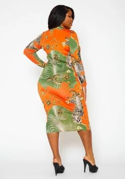 Plus Size Golden Oasis Pattern Bodycon Midi Dress -Asoph Sales Shop 2022417 001 3