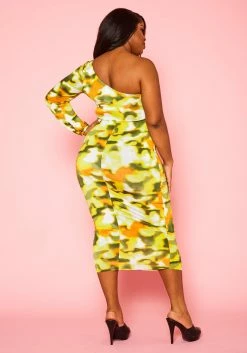 Plus Size Green Hues One Sleeve Midi Dress -Asoph Sales Shop 2022418 001 4