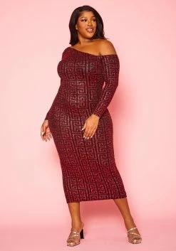 Plus Size Greek Key Pattern Cold Shoulder Midi Dress -Asoph Sales Shop 2022419 001 1