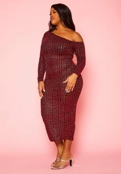Plus Size Greek Key Pattern Cold Shoulder Midi Dress -Asoph Sales Shop 2022419 001 3