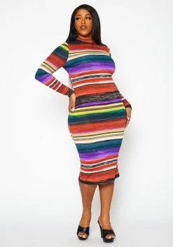Plus Size Multi Color Pattern Long Sleeve Midi Dress -Asoph Sales Shop 2022429 001 2