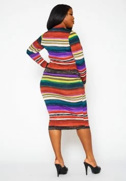 Plus Size Multi Color Pattern Long Sleeve Midi Dress -Asoph Sales Shop 2022429 001 4