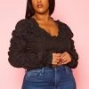 Plus Size Smocked V Neck Long Sleeve Crop Top