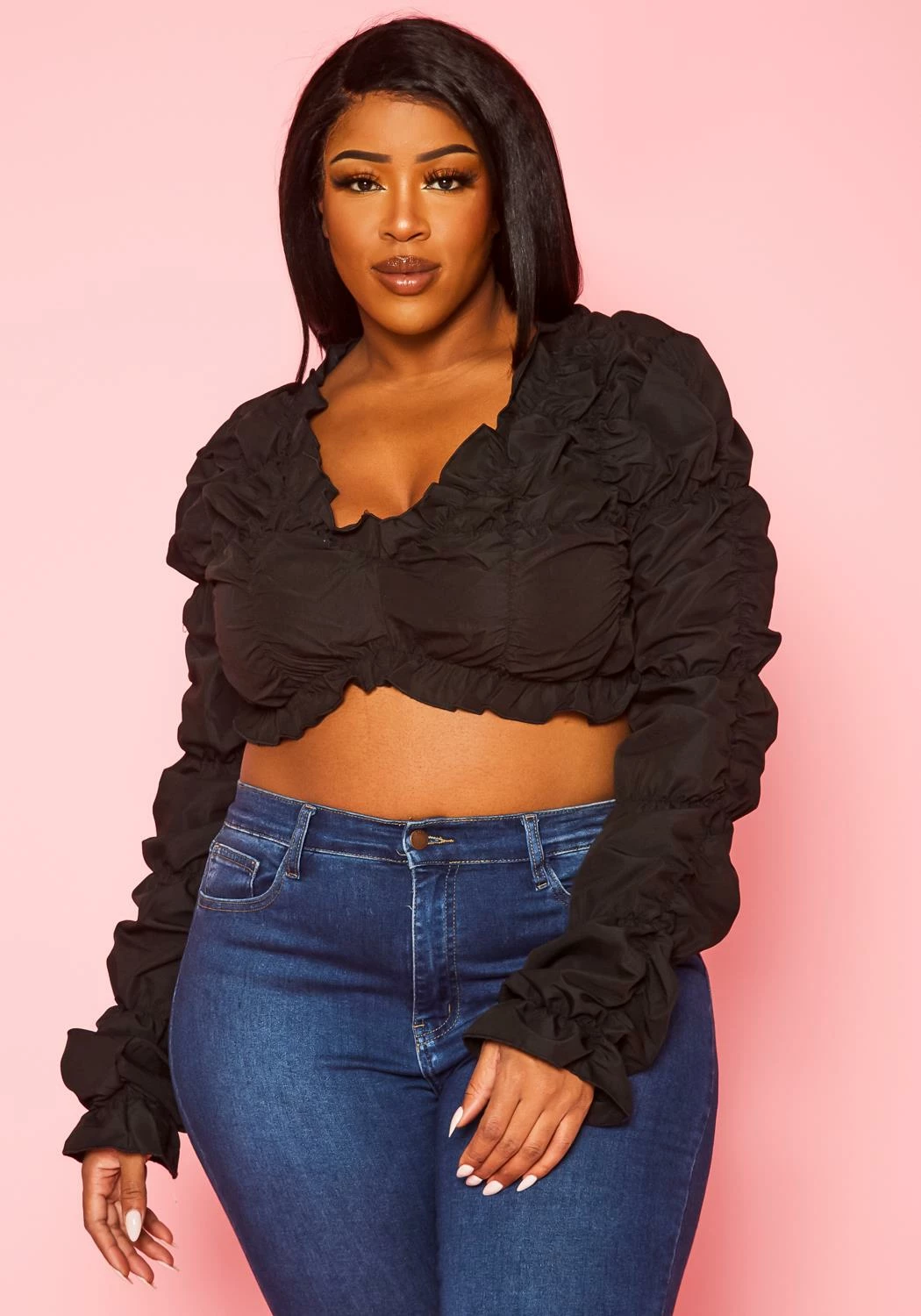 Plus Size Smocked V Neck Long Sleeve Crop Top 2 Plus Size Smocked V Neck Long Sleeve Crop Top - Image 2