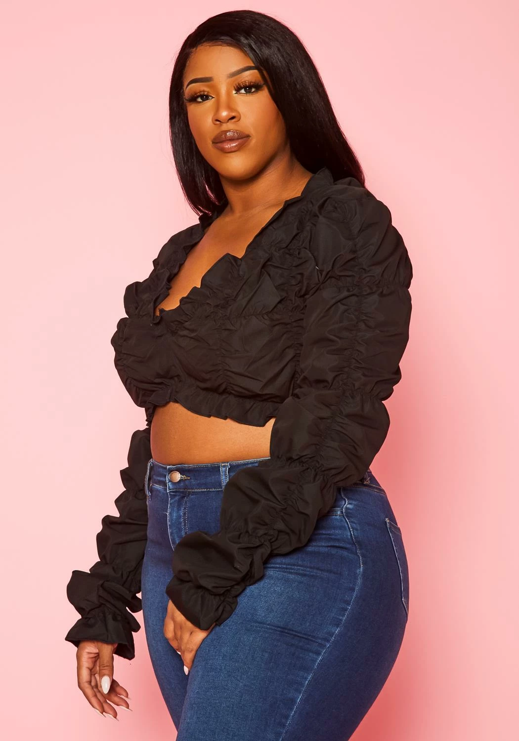 Plus Size Smocked V Neck Long Sleeve Crop Top 3 Plus Size Smocked V Neck Long Sleeve Crop Top - Image 3