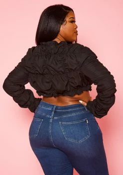 Plus Size Smocked V Neck Long Sleeve Crop Top 10 Plus Size Smocked V Neck Long Sleeve Crop Top -Asoph Sales Shop 2022455 001 4