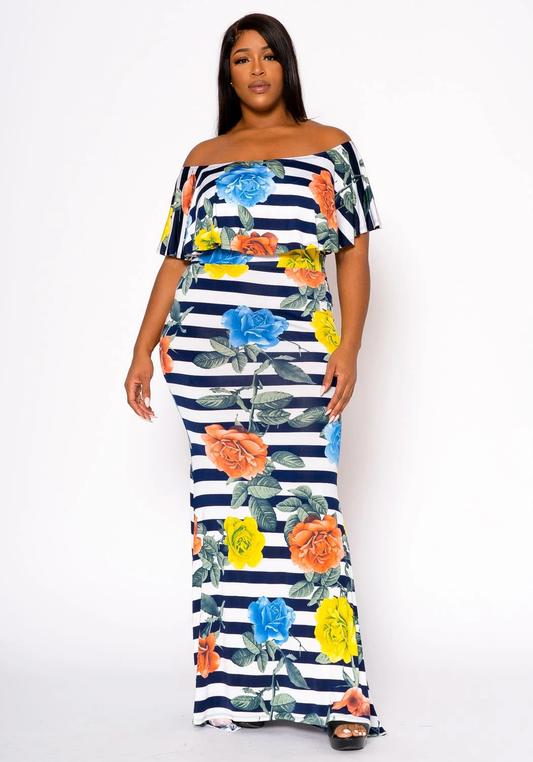 Plus Size Floral Striped Fit & Flare Maxi Dress 1 Plus Size Floral Striped Fit & Flare Maxi Dress