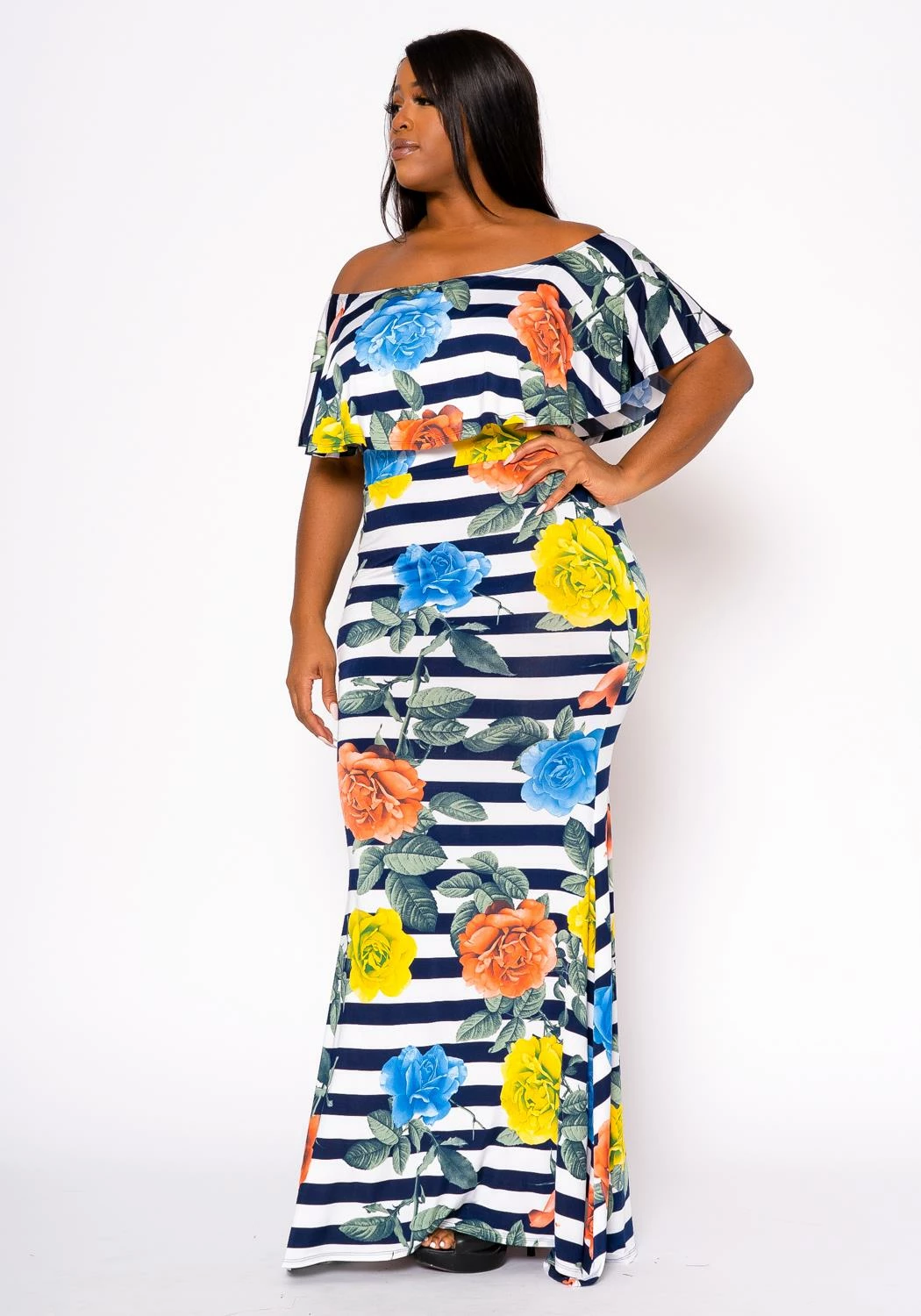 Plus Size Floral Striped Fit & Flare Maxi Dress 3 Plus Size Floral Striped Fit & Flare Maxi Dress - Image 3