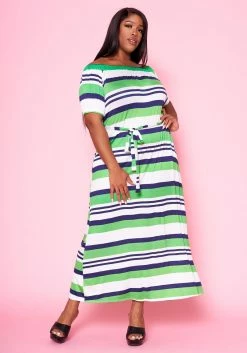 Plus Size Multi Striped Fit & Flare Maxi Dress