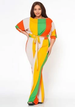 Plus Size Multi Striped Crop Top & Pants Set
