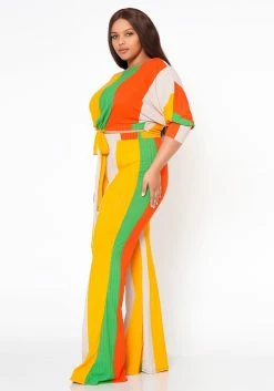 Plus Size Multi Striped Crop Top & Pants Set -Asoph Sales Shop 2022462 002 2