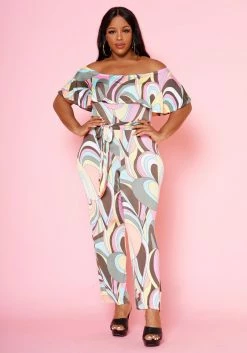 Plus Size Abstract Pattern Off Shoulder Jumpsuit